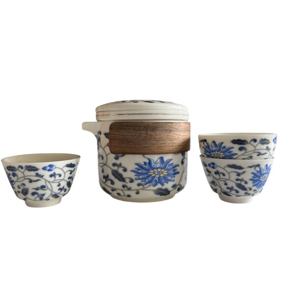 Lotus Flower Loose Leaf Teapot 3 Cups Strainer Lid Blue White Floral Meditation - Picture 2 of 16